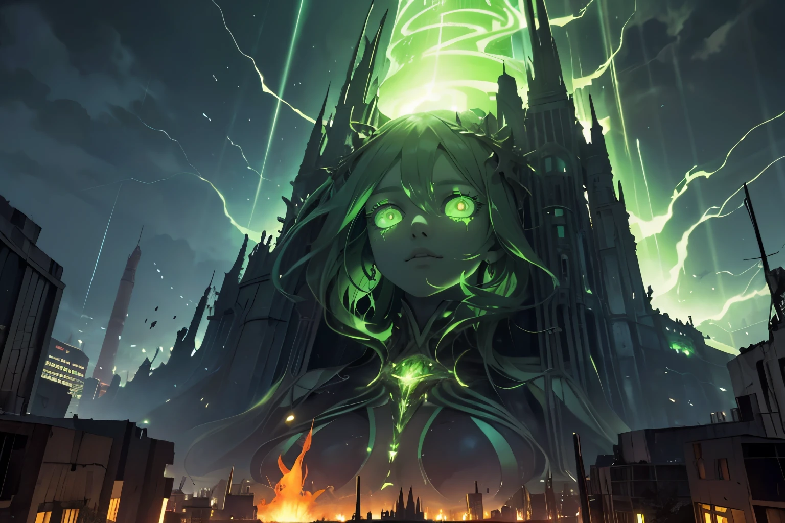 destroyed city, angle from below, (200 meter tall huge goddess floating, emits light from all over the body, last judgment, light-green flame, lost pupils, drooping eyes, realistic skin), 