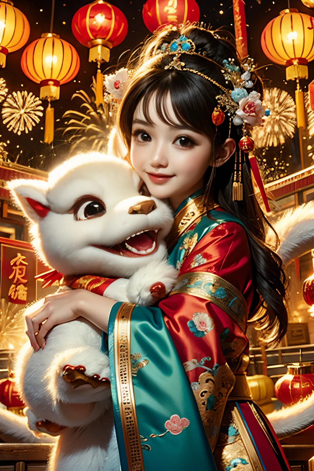 1 girl hugging cute little chinese dragon, ancient chinese little princess, chinese baby dragon, cute, festive, chinese lunar new year, firecrackers, fireworks