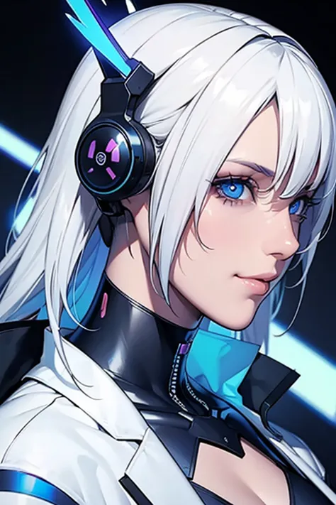 woman avatar, cyberpunk, white hair, blue eyes, microphone, head ware cyberpunk, lens over eye, moth open for speaking, kables, ...