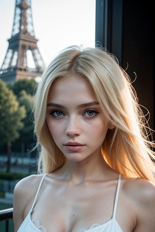 Beautiful Russian girl, ((blonde)), long blonde hair, athletic build, large breasts, white mini dress, photographed against the backdrop of the Eiffel Tower, sunset, eye contact, looking at the viewer, masterpiece, best quality, perfect detail, perfect face detail  , perfect eye detail, perfect skin detail, depth of field, perfect lighting