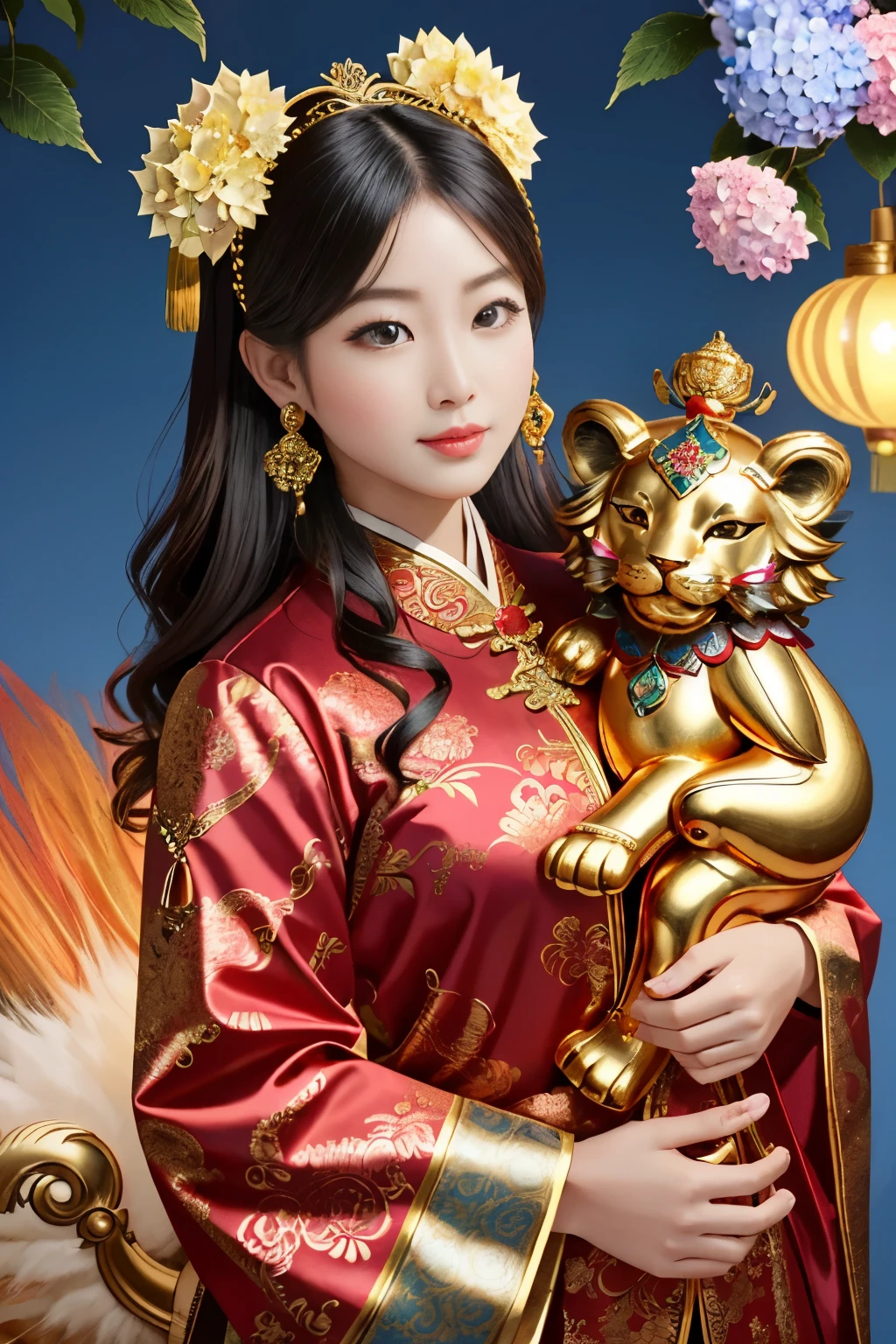 (Best picture quality, 4k,8k, high quality, masterpiece :1.2), super detail, (realistic, realistic, realistic :1.37), in the New Year festival, traditional lion dance performance, (a girl holding red gold thread hydrangea:1.3), a powerful lion dance, constantly blinking eyes and shaking head, girl and lion dance, lion head beautifully made, red jewel eyes, Blue jewel forehead decoration, ornate and luxurious lion head artwork, Chinese elements, traditional cultural background, traditional craftsmanship, exquisite handcrafting, opulent, majestic, sparkling gemstones, lifelike details, bright colors, shiny polished surfaces, decorative pieces, East Asian heritage, cultural heritage, antiques, bronze sculptures, symbols of power and strength, traditional lion dance, Eye-catching center, sophisticated design, authentic presentation, impressive craftsmanship.