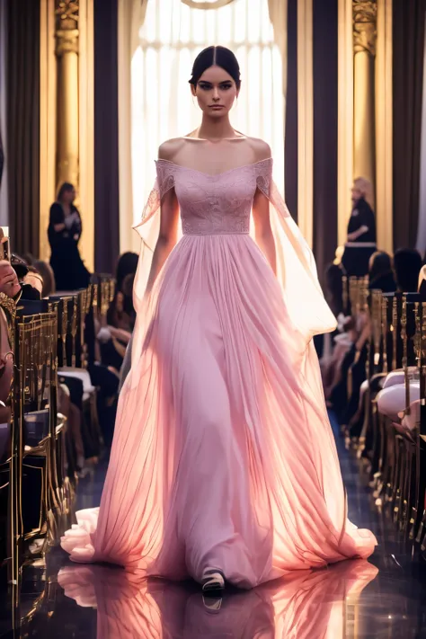 Wearing a dress on the runway、Woman wearing Tiable, soft elegant gown, very ethereal, ethereal fairytale, romantic gown, incredibly ethereal, Dreamy intricate long gown, brilliant pink ball gown, flowing robe, Luxurious and intricate long gown, long luxuri...
