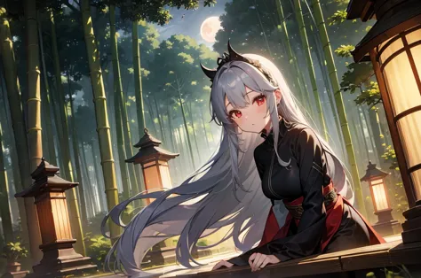 (best quality), (masterpiece), one female, gray hair, patsun long hair, gossiper, red eyes, princess, bamboo forest with big moo...