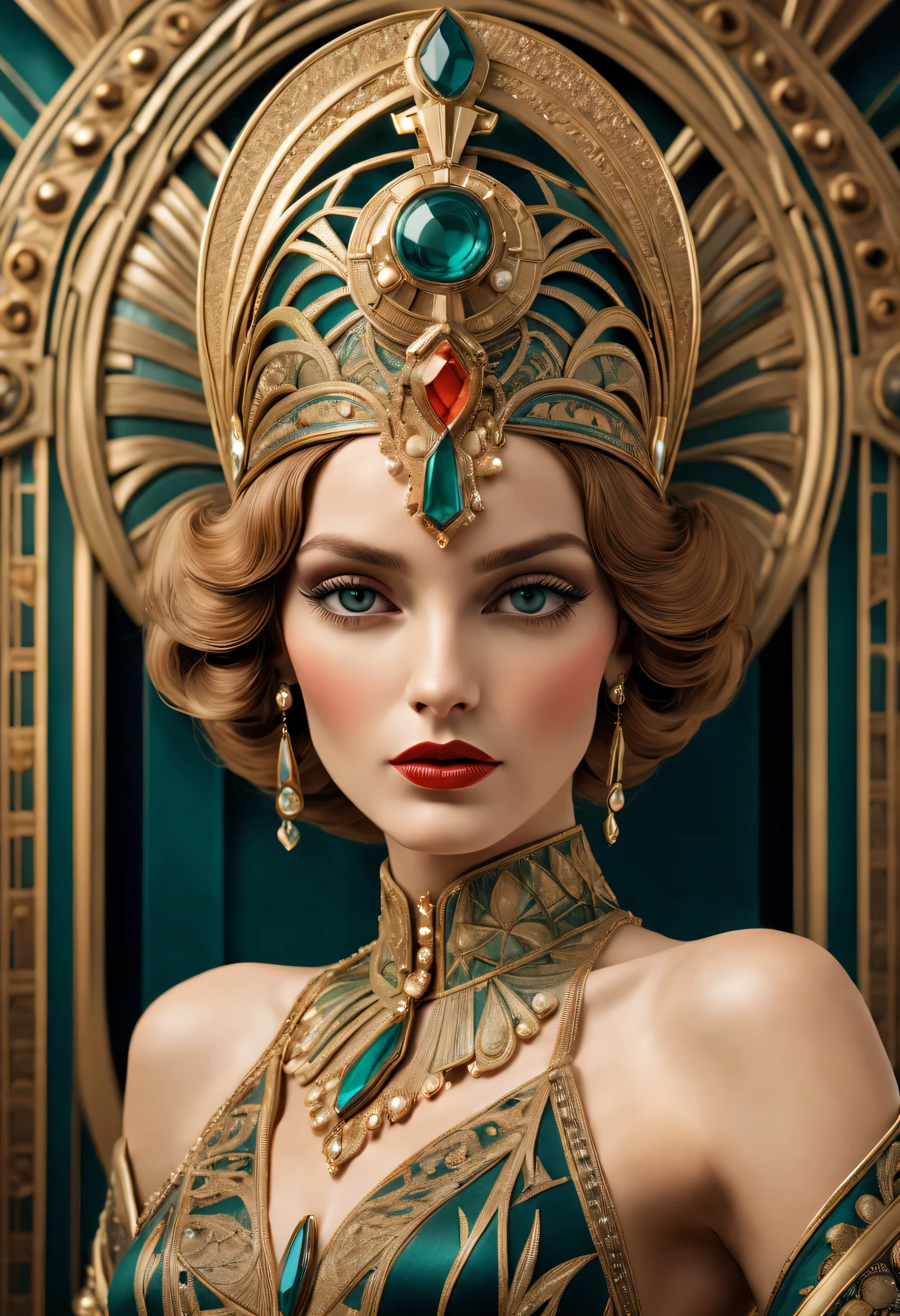  In the opulent style of Art Deco, a beautiful French queen is depicted in a stunning portrayal that captures the elegance and sophistication of the era, Adorned in luxurious attire and exuding regal poise, she embodies the epitome of Art Deco glamour and refinement, intricate high detail, (vibrant, photo realistic, realistic, sharp focus) ((film grain, skin details, high detailed skin texture, 8k hdr, dslr)), (intricate background, sharp linues, industrial:1.3), imperial
