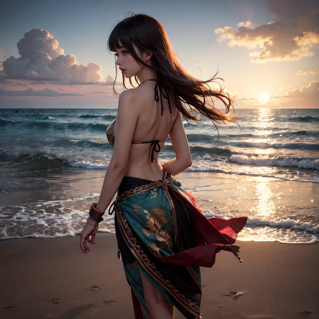 una chica KAWAII con un halo que lleva un diminuto bikini de hilo, De pie en una playa de arena, bajo la cálida luz del atardecer. Sus ojos lucen cautivadores y misteriosos., con pestañas largas y un toque de encanto juguetón. El bikini es blanco puro., con elaborado patrón de encaje y detalles intrincados que acentúan sus curvas. La arena bajo sus pies es dorada y suavemente iluminada., creando una atmósfera serena y de ensueño. Las olas del océano besan suavemente la orilla., agregando una banda sonora relajante a la escena. La calidad general de la imagen es de primera., con características ultra detalladas, colores vívidos, y un, estilo de renderizado fotorrealista. La iluminación está cuidadosamente configurada para resaltar las curvas de su cuerpo., creando un hermoso juego de luces y sombras. La escena irradia una sensación de vacaciones de verano., , y aventura. (((iluminación volumétrica, Acutancia:0.8, BOOB LATERAL))), (((NSFW:-1, pezón:-1)))