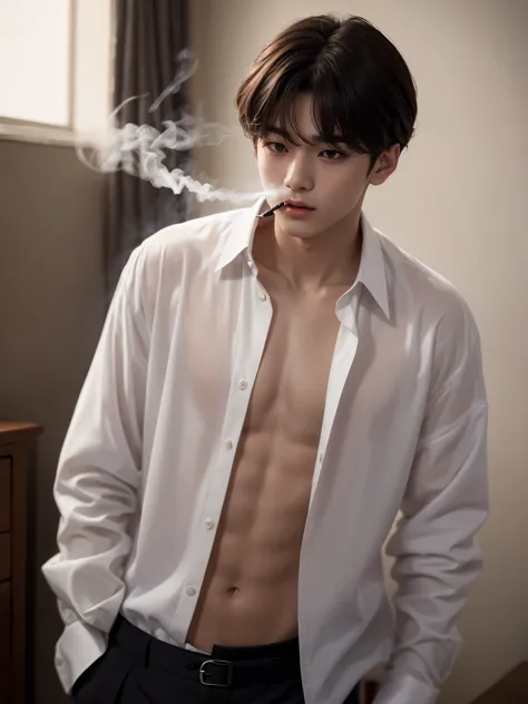 Boy smoking in a dimly lit room, taehyung de bts con camisa blanca 