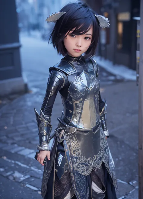 there is a woman in a costume that is standing in the street, detailed fantasy armor, photogenic details on armor, shining plate...