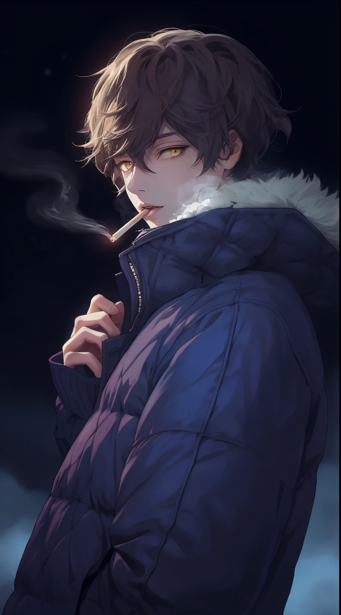 Beautiful young man, brown hair, short hair, yellow eyes, blue quilted coat, smokes, night, smoke,high quality, amount of drawing, pixiv illustration