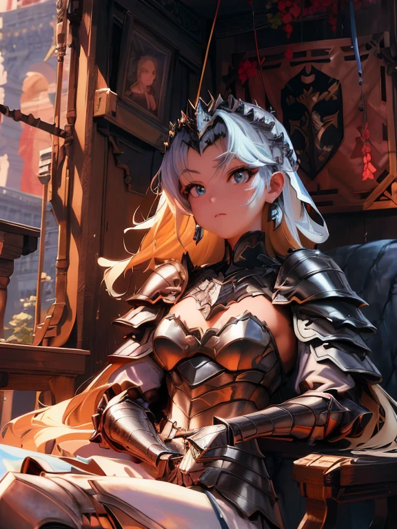 a close up of a woman in armor sitting on a chair, rossdraws 1. 0, :: rossdraws, rossdraws portrait, rossdraws sakimimichan, rossdraws 2. 0, wlop rossdraws, inspired by rossdraws, rossdraws digital painting, rossdraws 2. 5, armor girl, detailed fanart, girl in knight armor