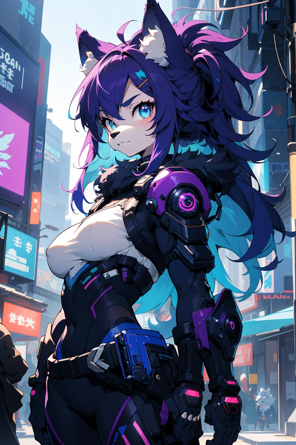 from font body,upper body,best quality,(official art,masterpiece,ultra detailed 8k art),fantasy,cyberpunk,(furry,anthro,Fluffy body:1.3),(Fluffy),(fluffy best hands:0.7),focus 1 furry wolf female,wolf ears, serious, halo, purple hair, blue inner color,long side hair, aqua eyes, messy hair,(midnight), looking at viewer