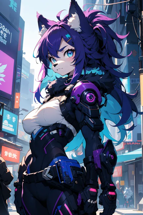 from font body,upper body,best quality,(official art,masterpiece,ultra detailed 8k art),fantasy,cyberpunk,(furry,anthro,Fluffy b...