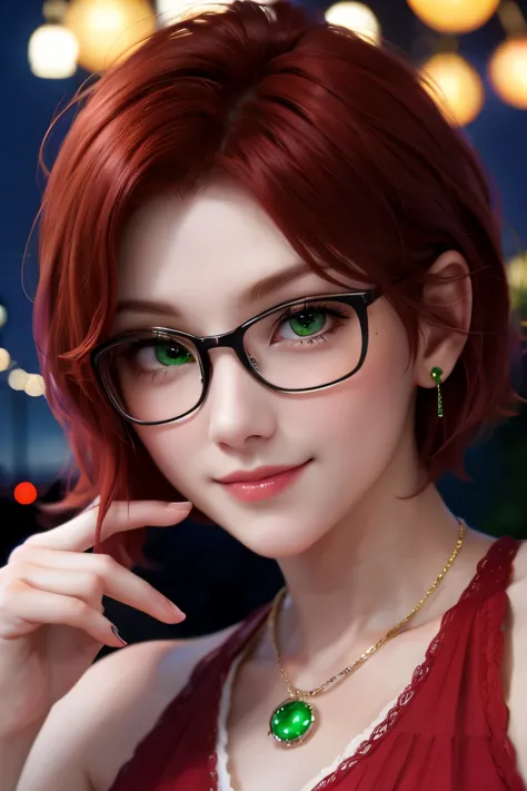 short hair, redhead, green-eyed, smiling lady with thin-framed glasses having fun at night at the fair