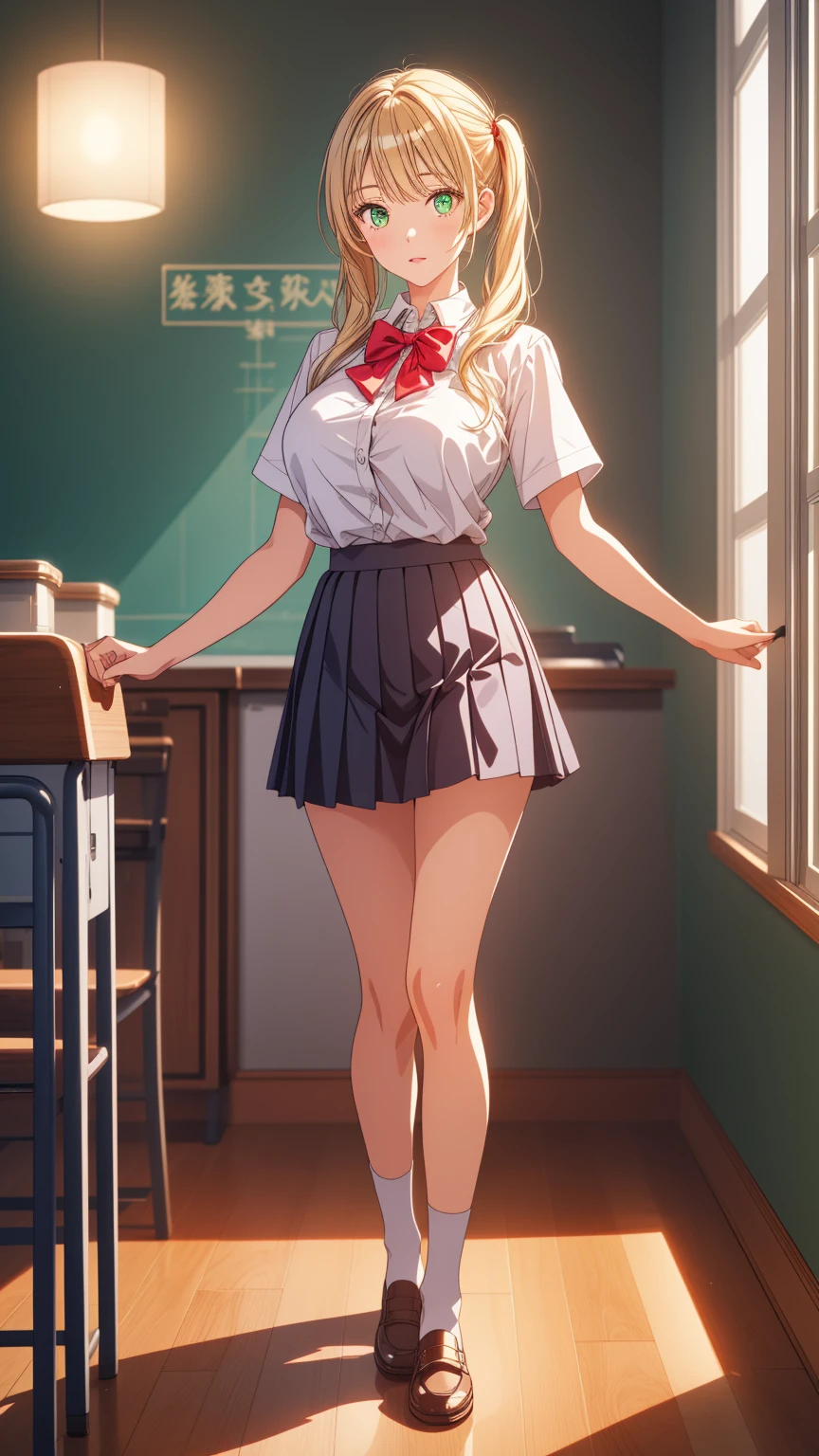 anime female character in school uniform with short skirt, 
BREAK
, rika hoshizaki, (green eyes:1.3), blonde hair, twintails, (Beautiful,Huge_Breasts:1.3), milf,
BREAK
, 1girl, solo, Standing in the garden, full body, full figure,
BREAK
, Beautifully detailed illustration of a cozy and meticulously decorated school classroom with warm lighting, vibrant colors, and an inviting atmosphere.
BREAK
, skirt, shirt, bow, school uniform, white shirt, short sleeves, pleated skirt, bowtie, blue skirt, short skirt, mini skirt, 

BREAK
, beautiful detailed eyes, beautiful detailed lips, extremely detailed eyes and face, long eyelashes,
BREAK
, medium: oil painting, atmospheric lighting, dreamy color palette, detailed interior decoration, quiet and peaceful ambiance,
BREAK
, (best quality,4k,8k,highres,masterpiece:1.2), ultra-detailed,