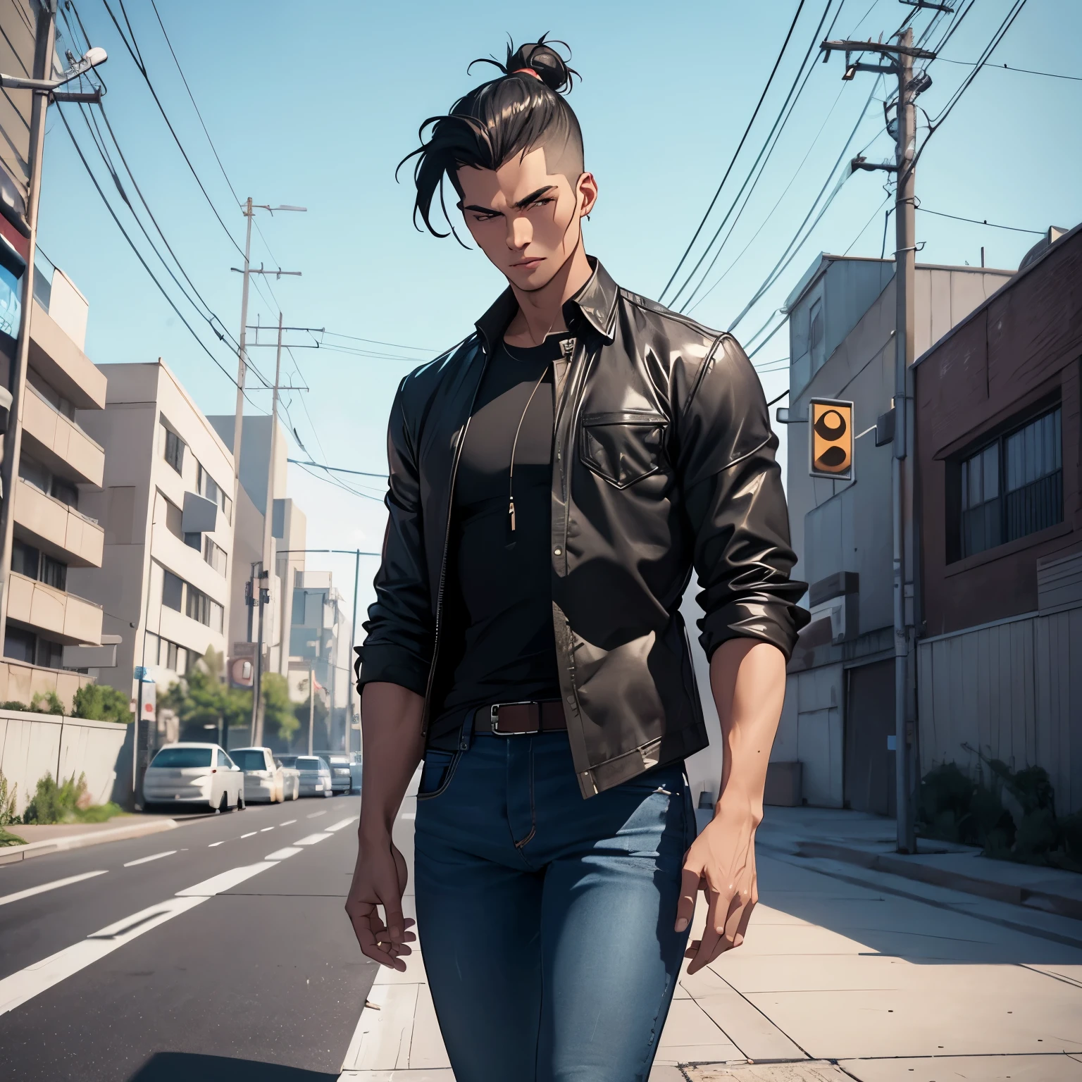 Abstract colors, texture, film grain, skin pores, dusty atmospheric haze, vignetting, intricate hasselblad image of (a man with undercut hairstyle ) in mid-stride, tall athletic guy wearing (dark jeans)wearing a (black unbuttoned shirt), (slicked back hair), analog style eye contact nofilter selfie, posing against a clear sky and a concrete barrier, relaxing dynamic walking pose,