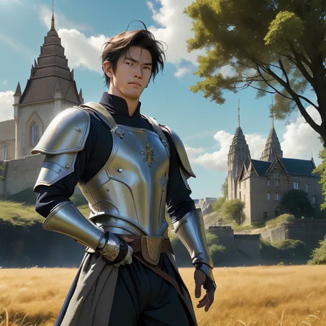 medieval fantasy ,commander man, Handsome Thai , teenager, Take off shirt., Lean body , standing in grass field, gauntlets, cast...