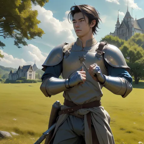 medieval fantasy ,commander man, Handsome Thai , teenager, Take off shirt., Lean body , standing in grass field, gauntlets, cast...