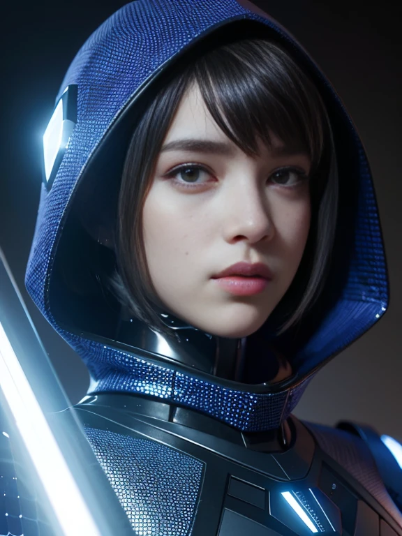 3d render, cgi, symetrical, octane render, 35mm, intricate details, hdr, intricate details, hyperdetailed, natural skin texture, hyperrealism, sharp, dua lipa 1 girl, woman, portrait, freckles, looking at viewer, solo, half shot, detailed background, close up, grey eyes, white short hair, detailed face, futuristic shining digital cobalt armor, hexagonal pattern, cape, high-tech, robotics, high-tech (mask:0.9), head-up display, epic starry outer space in background, sparks, electricity, screens, cinematic atmosphere, nardack,