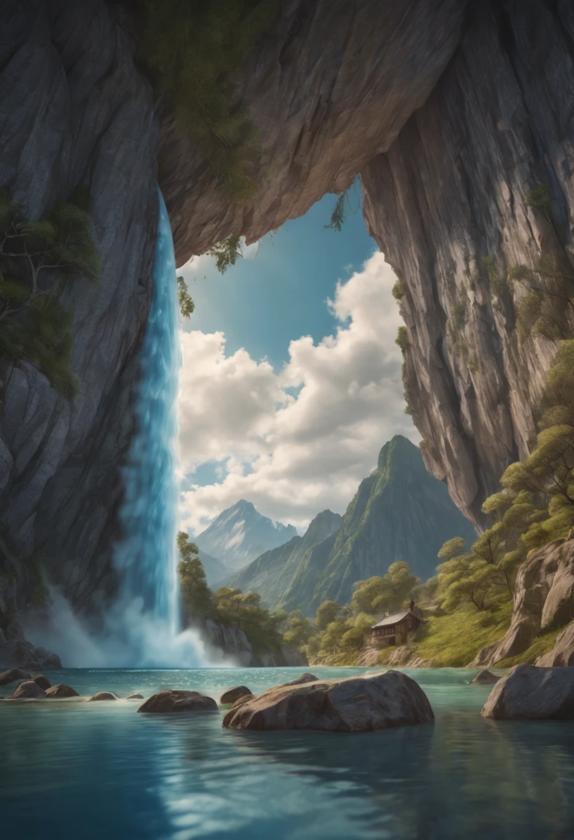 obra de arte, 最alta qualidade, alta qualidade, Papel de parede CG Unity 8k altamente detalhado, paisagem, ar livre, nulo, Nuvem, nulo, não existem humanos, Montanha, paisagem, água, madeira, blue nulo, águafall, penhasco, Natureza, lago, rio , Nuvemy skies, fotografia premiada, Bokeh, Profundidade dos limites escritos, HDR, Florescer, aberração cromática, fotorrealismo, Muito detalhado, Tendências com ArtStation, tendências na CGSociety, Complex, alto detalhe, dramático, arte no meio da jornada