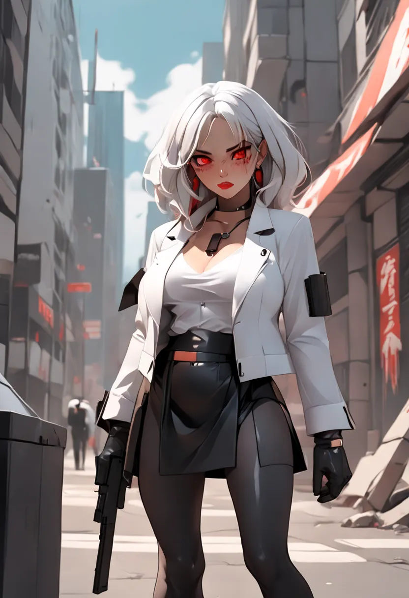 1 girl, close up shot, (gray hair, medium hair, big breasts, red eyes), perfect anatomy, city, cyberpunk style, ((white shirt, b...