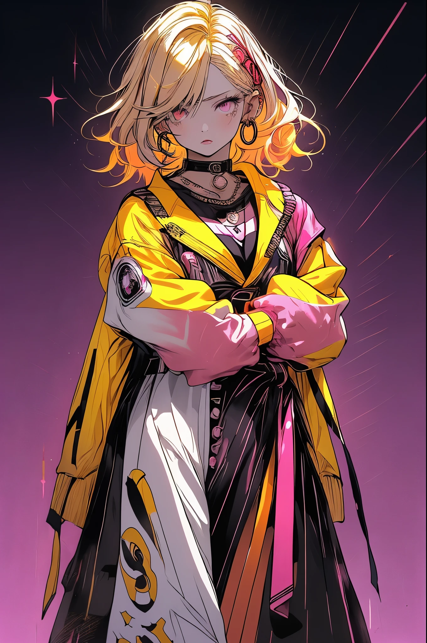 Upper body standing painting, yellow style, (1 ), (alone), (cent, small), long blonde hair, looking at the viewer, Blue eyes background, white background, gem, Jacket, golden hair、straight hair, right ear ring, red eyes, choker necklace, sweater, eyelash, cosmetics, curly, punching, lipstick, ear piercing, eye shadow, hoop earrings, Red-pink lips, multicolored eyes, Yellow theme, 赤いeye shadow,Wearing a rainbow-colored aura from the whole body、purplish color, outdoor, Purple background, upward glance、Shadow lighting,Hands folded behind the waist,Decisive pose、Detailed CG, (perfect hands, perfect anatomy