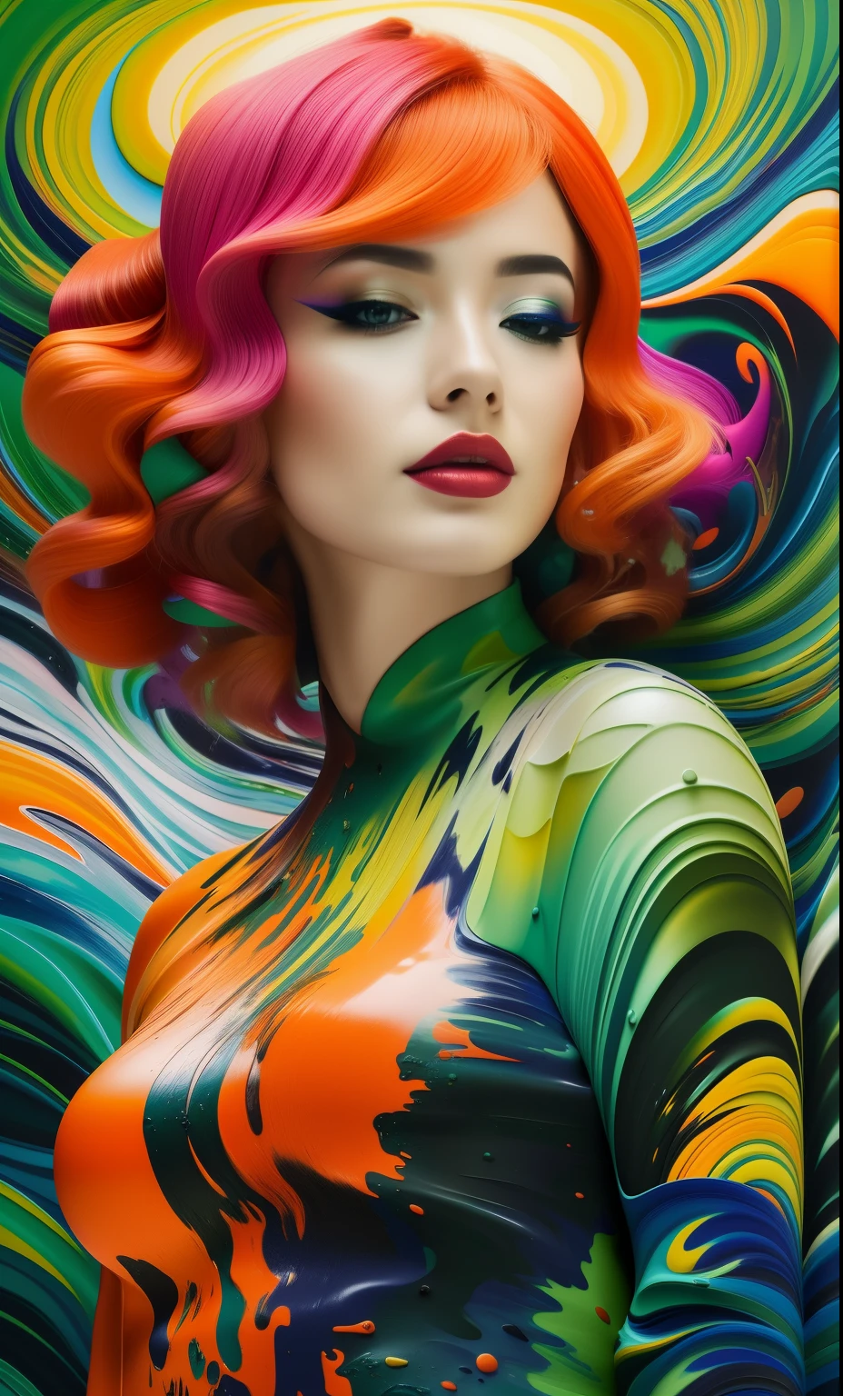 by Luis Duarte, closeup, beautiful sensual scandinavian woman in [fractal clouds jungle swamp] body suit, [Kuvshinov | van Gogh | Georges Barbier | Klimt | Geremy Mann | Giovanni Boldini | Afremov] heavy brushstrokes stained impasto oil, orange, cream, blue, fuchsia, bright green, vivid gradient colors 2d 3d relief tesselation mixed media vector fluid textured, Dark Influence, NijiExpress 3D v2, Oil painting, Ink v3, Splash style, Abstract Art,3D, High definition, Photo realistic, specified, Epic style, Illustrated v3, Deco Influence, Air Brush style, drawing, Niji Art