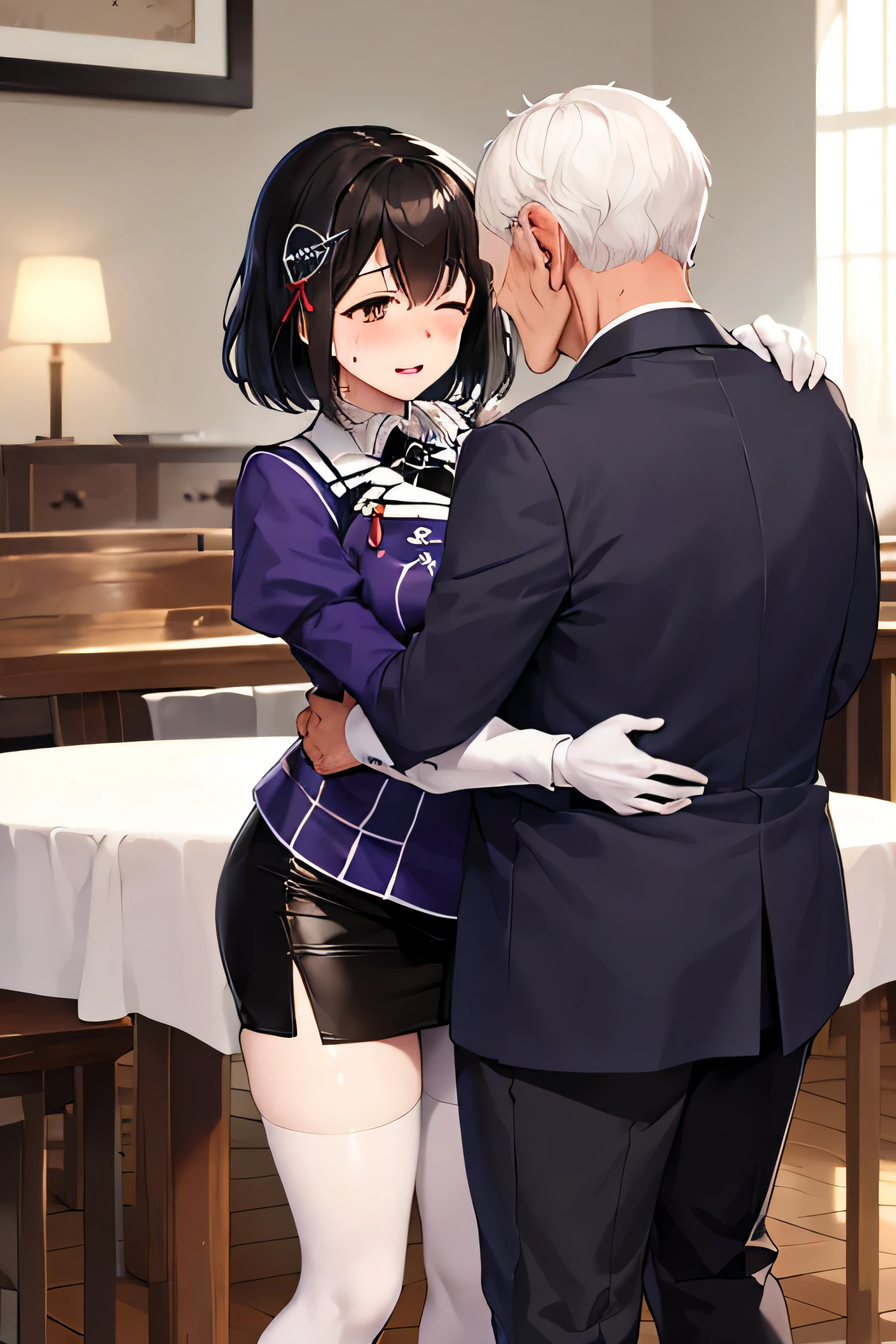 Anime character hugging a woman in a room with a table - SeaArt AI