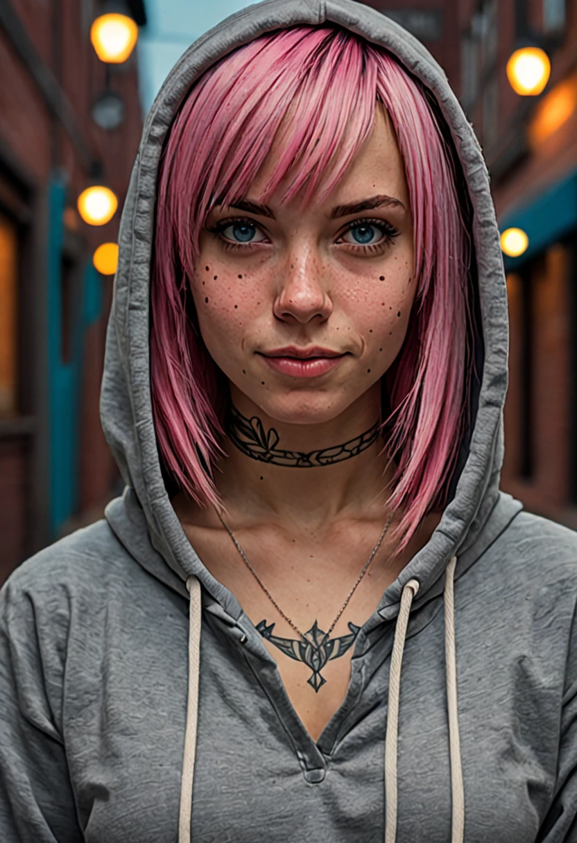 best quality, masterpiece, RAW photo, photorealistic, detailed,1girl, hoodie, arm tattoo, portrait, asymmetrical bangs, bandaid, short hair, bangs, breasts, freckles, blue eyes, breasts, looking at viewer, neck tattoo, nose piercing, pink hair, solo, tattoo on face, upper body, detailed background, town, alley, dark alley, portrait, hood on head, night, jazzy smile , masterpiece, absurdres