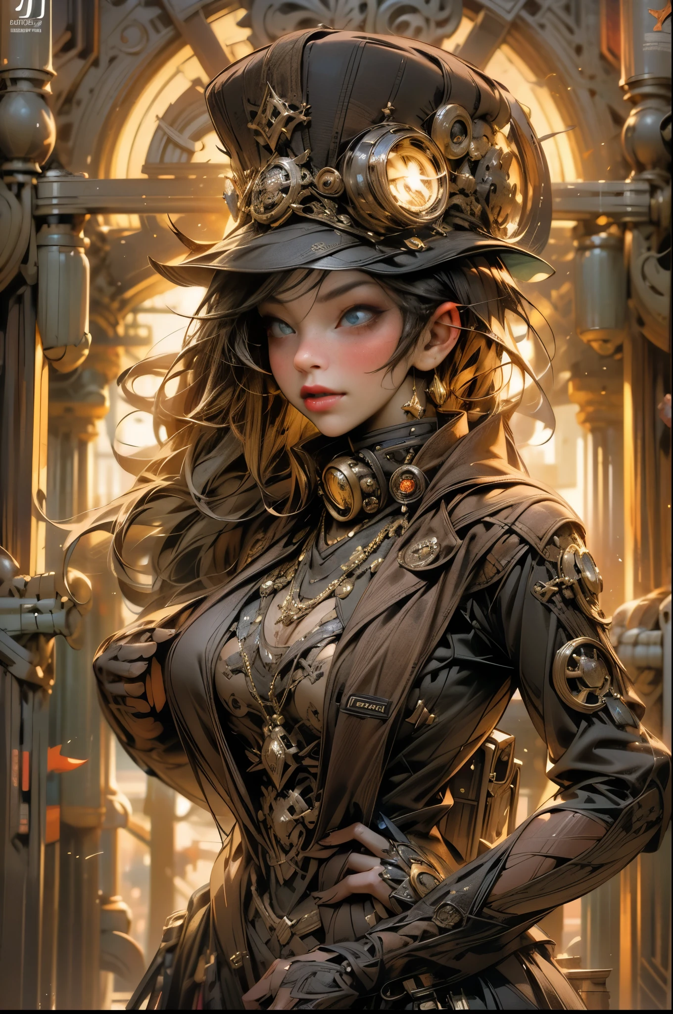 Steampunk woman portrait, intricate details, digital lighting, Sunset Gradient, Pop Art Station Headquarters, octane rendering, Unreal Engine 4 mdjrny-v4 style