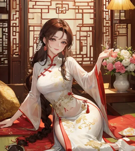 masterpiece, best quality, married woman， aldult, Chinese style, China, elder sister,  Smile, hairpin，brown hair, princess cut, ...