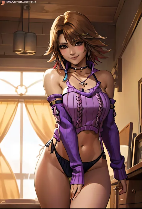Yuna from Final Fantasy X, (((solo))),(((virgin destroyer sweater, choker, ecchi))), ((shy smile)), dynamic angle, in house,

