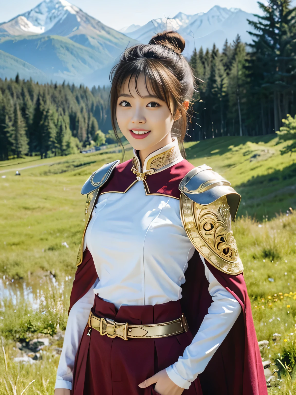 Chinese female general，Saffron Hufu，Detail the eyes，Crimson cape，  metal pauldron，metal breastplate，Breasts are full and erect，Gold hairband，majestic，Smile（open mouth）（The corners of the mouth are raised），、（Hair in a bun：1.5），（Hair bun raised high）。wilderness background（grassland background）