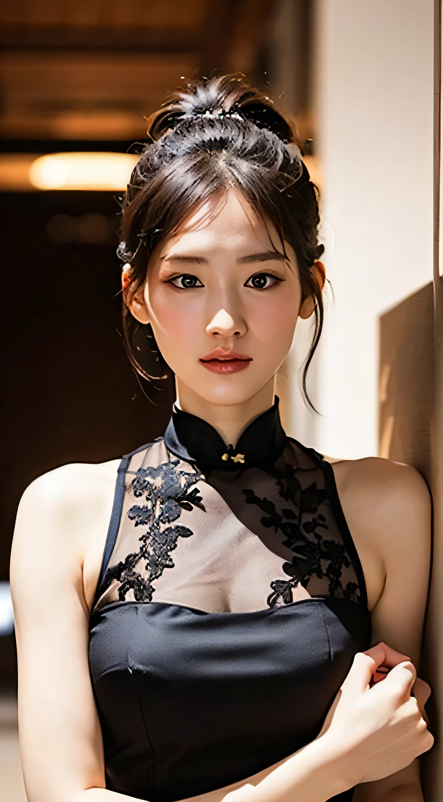 Highly detailed CG Unity 8k wallpaper, of the highest quality, super detailed, masutepiece, Realistic, photographrealistic, extremely detailed cute girl, 25 years old, ,, Upper body , ,Colossal ,Black eyes,qipao dress