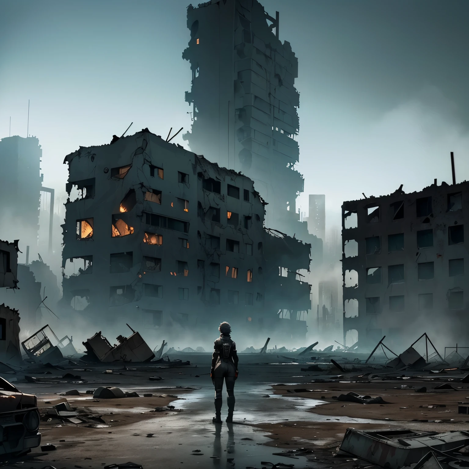 ((nsfw a  apocalyptic female survivor, Ponto de vista, anti-dive camera angle, a city in ruins with a destroyed building in the background)), in a post apocalíptico setting, 8k, pintura fosca em preto e branco, dystopian future, destroyed city in the background, em uma paisagem urbana arruinada, in a post-apocalyptic wasteland, in a post apocalyptic city, Akira CGI Filme Stills, cinematic photography concept art, destroyed city, ((imagem em preto e branco))