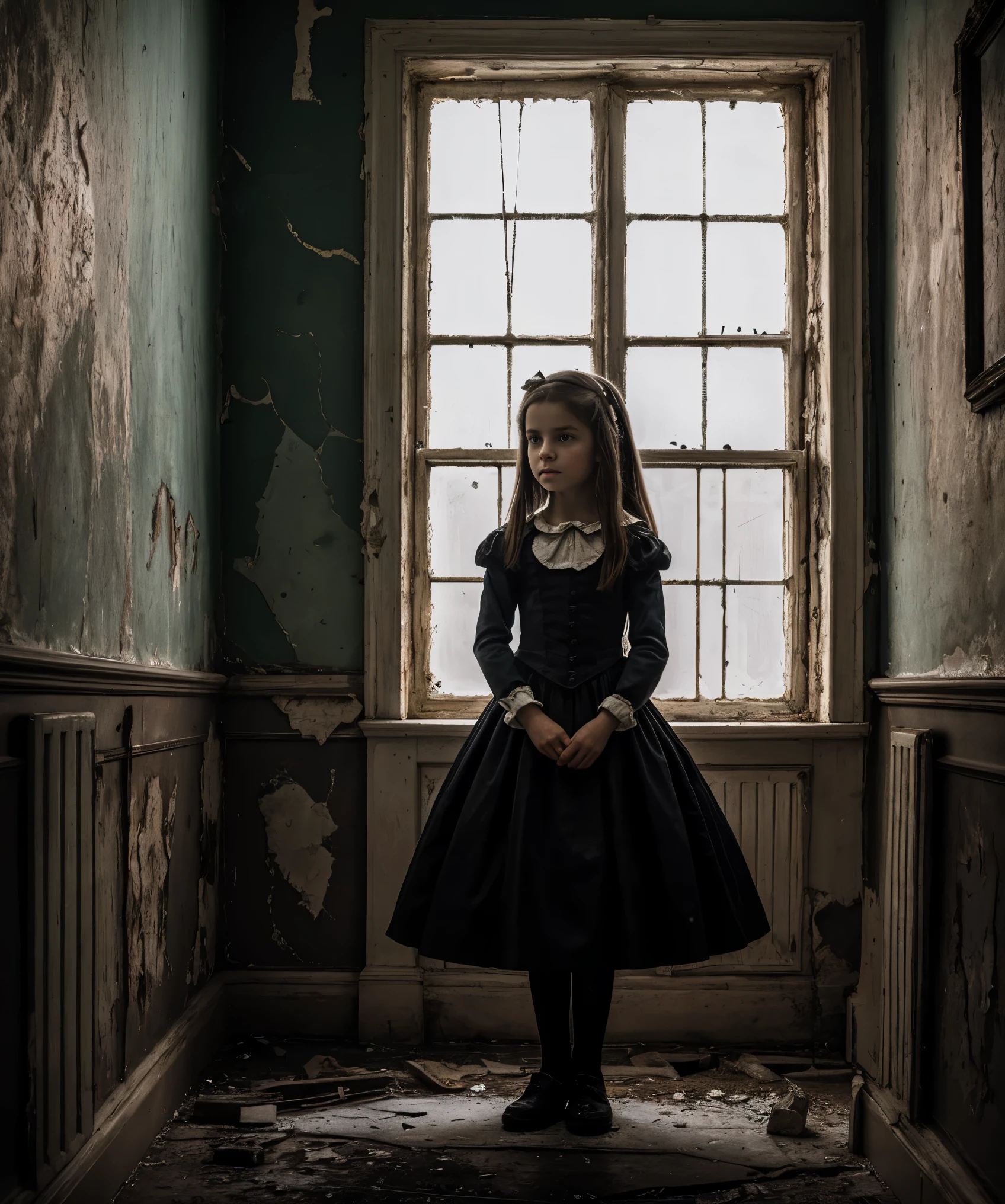 sehr detailliert, fotorealistisches Foto eines jungen Mädchens in einer Anstalt, Alice aus "Alice im Wunderland", dunkle und unheimliche Atmosphäre, komplizierte Details wie rissige Wände und abblätternde Farbe, inspiriert von den Werken von Lewis Carroll und Tim Burton.