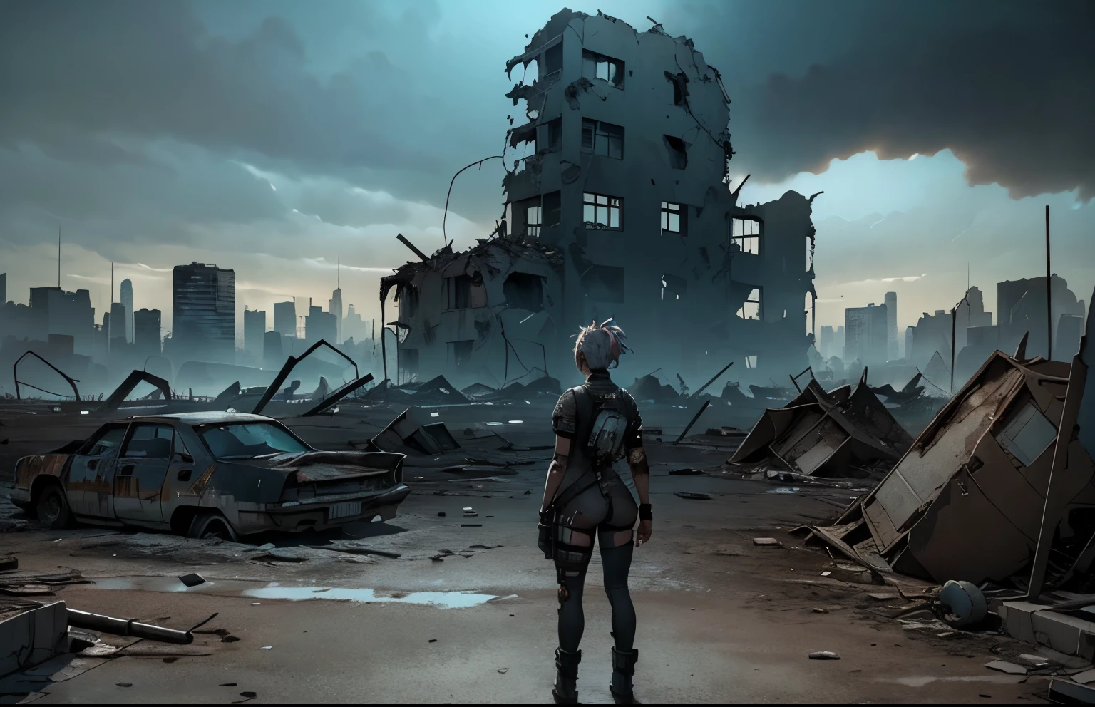 ((nsfw a  apocalyptic female survivor, Ponto de vista, anti-dive camera angle, a city in ruins with a destroyed building in the background)), in a post apocalíptico setting, 8k, pintura fosca em preto e branco, dystopian future, destroyed city in the background, em uma paisagem urbana arruinada, in a post-apocalyptic wasteland, in a post apocalyptic city, Akira CGI Filme Stills, cinematic photography concept art, destroyed city, ((imagem em preto e branco))