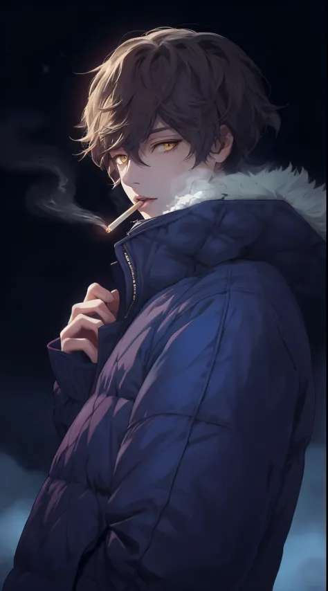 beautiful young man, brown hair, short hair, yellow eyes, blue quilted coat, cigarettes, night, cigarette,high quality, Amount t...