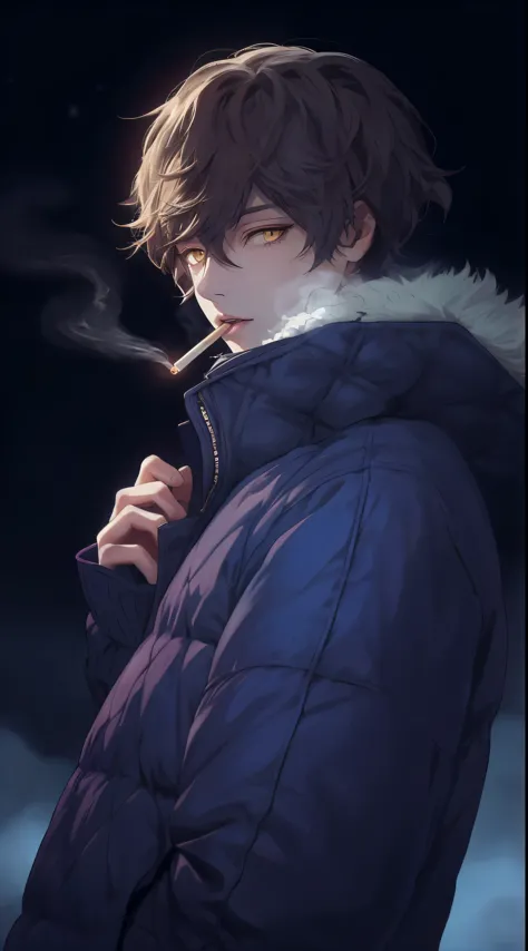 beautiful young man, brown hair, short hair, yellow eyes, blue quilted coat, cigarettes, night, cigarette,high quality, amount t...