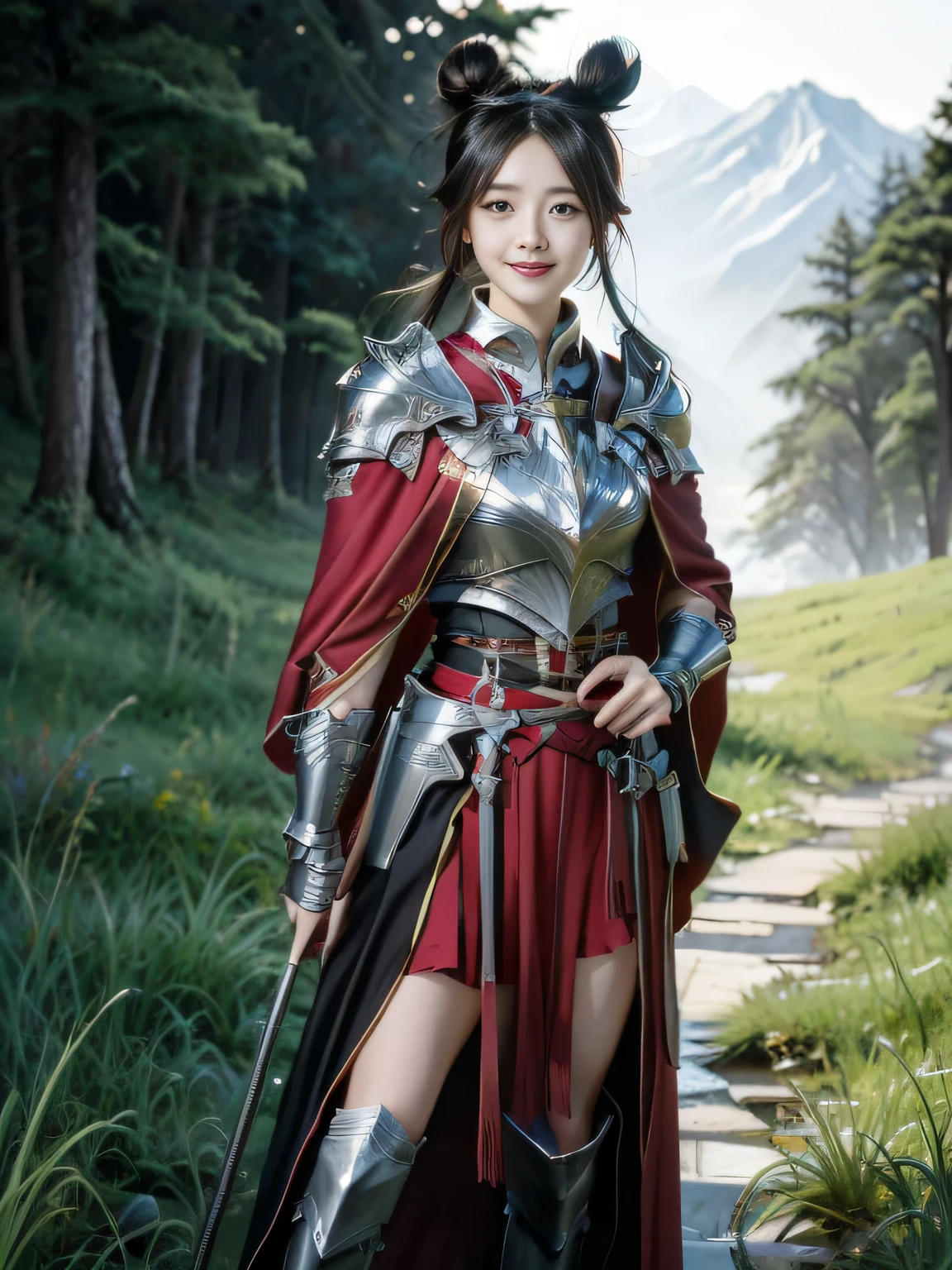 Chinese female general，，Detail the eyes，Crimson cape，  metal pauldron，Metal armor，Breasts are full and erect，Gold hairband，majestic，Smile（open mouth）（The corners of the mouth are raised），、（Hair in a bun：1.5），（Hair bun raised high）。wilderness background（grassland background）