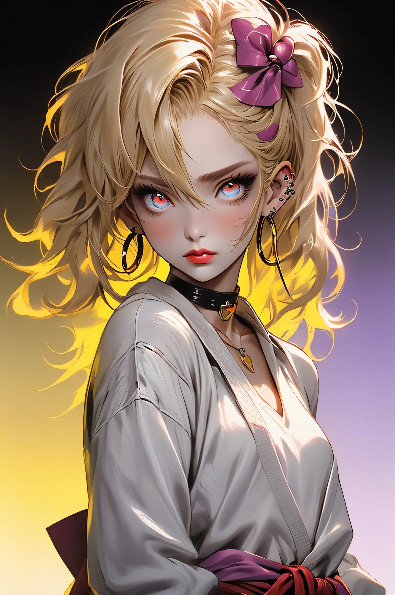 Upper body standing painting, yellow style, (1 ), (alone), (cent, small), long blonde hair, looking at the viewer, Blue eyes background, white background, gem, Jacket, golden hair、straight hair, right earring, red eyes, choker necklace, sweater, eyelash, cosmetics, curly, punching, lipstick, ear piercing, eye shadow, hoop earrings, Red-pink lips, multicolored eyes, Yellow theme, 赤いeye shadow,Wearing a rainbow-colored aura from the whole body、purplish color, outdoor, Purple background, upper grade、Shadow lighting,Hands folded behind the waist,Decisive pose、Detailed CG, (perfect hands, perfect anatomy,Cherry Hairpin、accessories