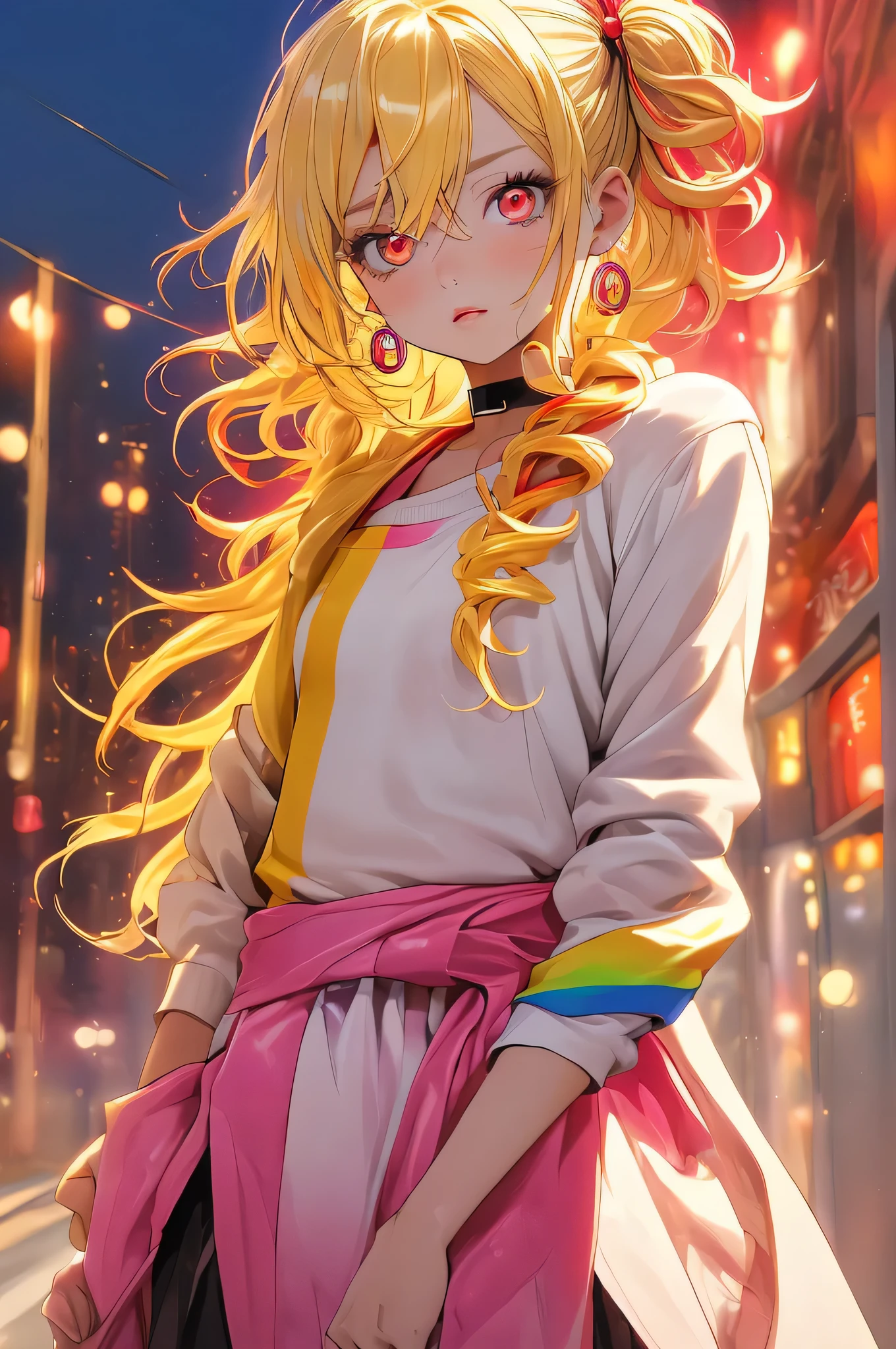 Upper body standing painting, yellow style, (1 ), (alone), (cent, small), long blonde hair, looking at the viewer, Blue eyes background, white background, gem, Jacket, golden hair、straight hair, right earring, red eyes, choker necklace, sweater, eyelash, cosmetics, curly, punching, lipstick, ear piercing, eye shadow, hoop earrings, Red-pink lips, multicolored eyes, Yellow theme, 赤いeye shadow,Wearing a rainbow-colored aura from the whole body、purplish color, outdoor, Purple background, upper grade、Shadow lighting,Hands folded behind the waist,Holding hands behind your back、Decisive pose、Detailed CG, (perfect hands, perfect anatomy,Cherry Hairpin、accessories