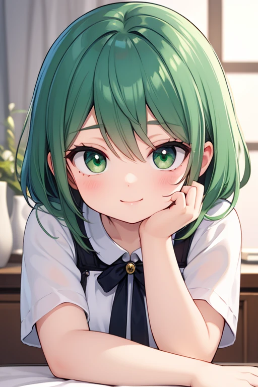 highest quality,　Highest image quality,　masterpiece,　tamaki, green hair, green eyes, mole under eye,　seductive smile