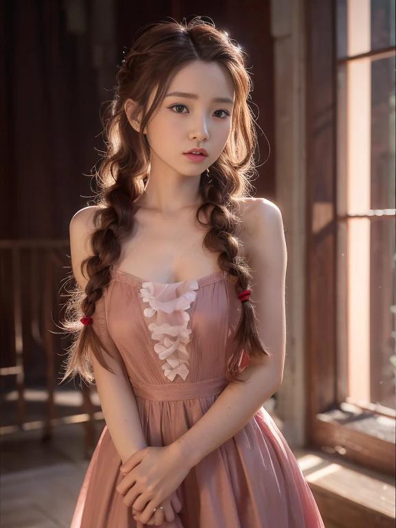 RAW photo, a 20-year-old woman, braid balayage, long hair, small size breast, hour glass shaped body, wearing rose dress, realistic, masterpiece, highest quality, [[chromatic aberration]],best shadow, photorealism, hyperrealism, one girl, pose in the sexy way
