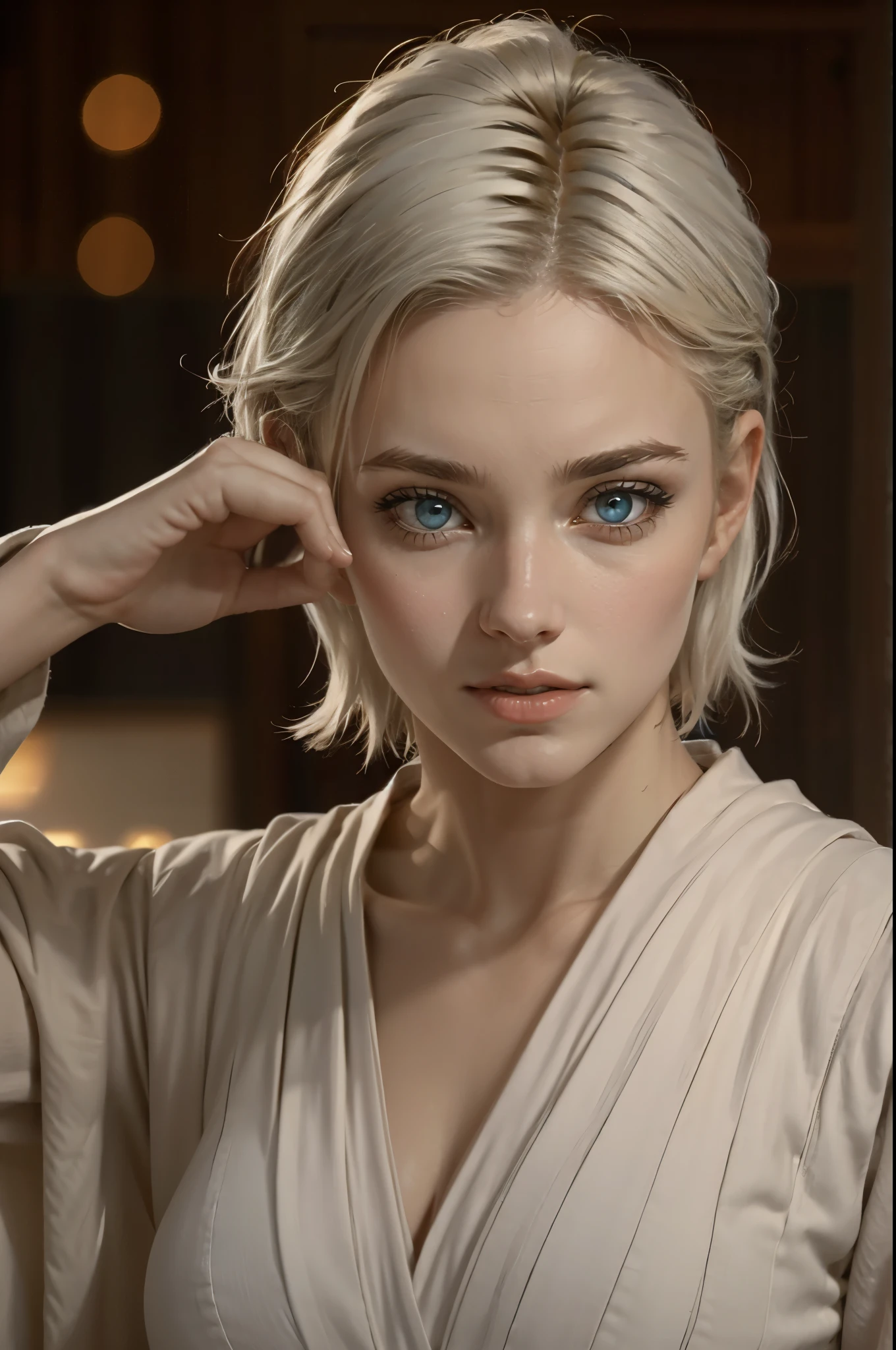 Young girl as a Jedi Knight, focus on the details of the face, similar to seth rollins, bright light blue eyes, (((very bright clear eyes))), ((completely white hairs)), white short hair, curated hair, ((white eyebrows)), white body hair, wearing long beige tunic of Jedi knights from Star Wars, big breasted, hypnotic eyes, realistic image, (light saber), bokeh background of the Jedi Council Hall, best quality, 8k, focus on the details, very detailed, long aperture, offering us her hand with 5 fingers open. pro photography. cinematic pose. cool pose. ((huge breasts)) , ((delicate soft hands)), pretty hands. cleavage.