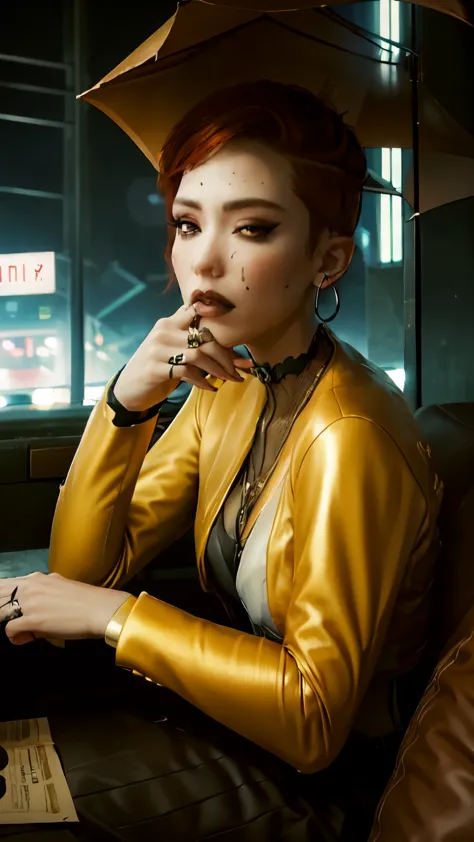 sad rich bussiness female cyberpunk, drinking whisky on a leather sofa, low light, crying, paiting, rain, cyberpunk city