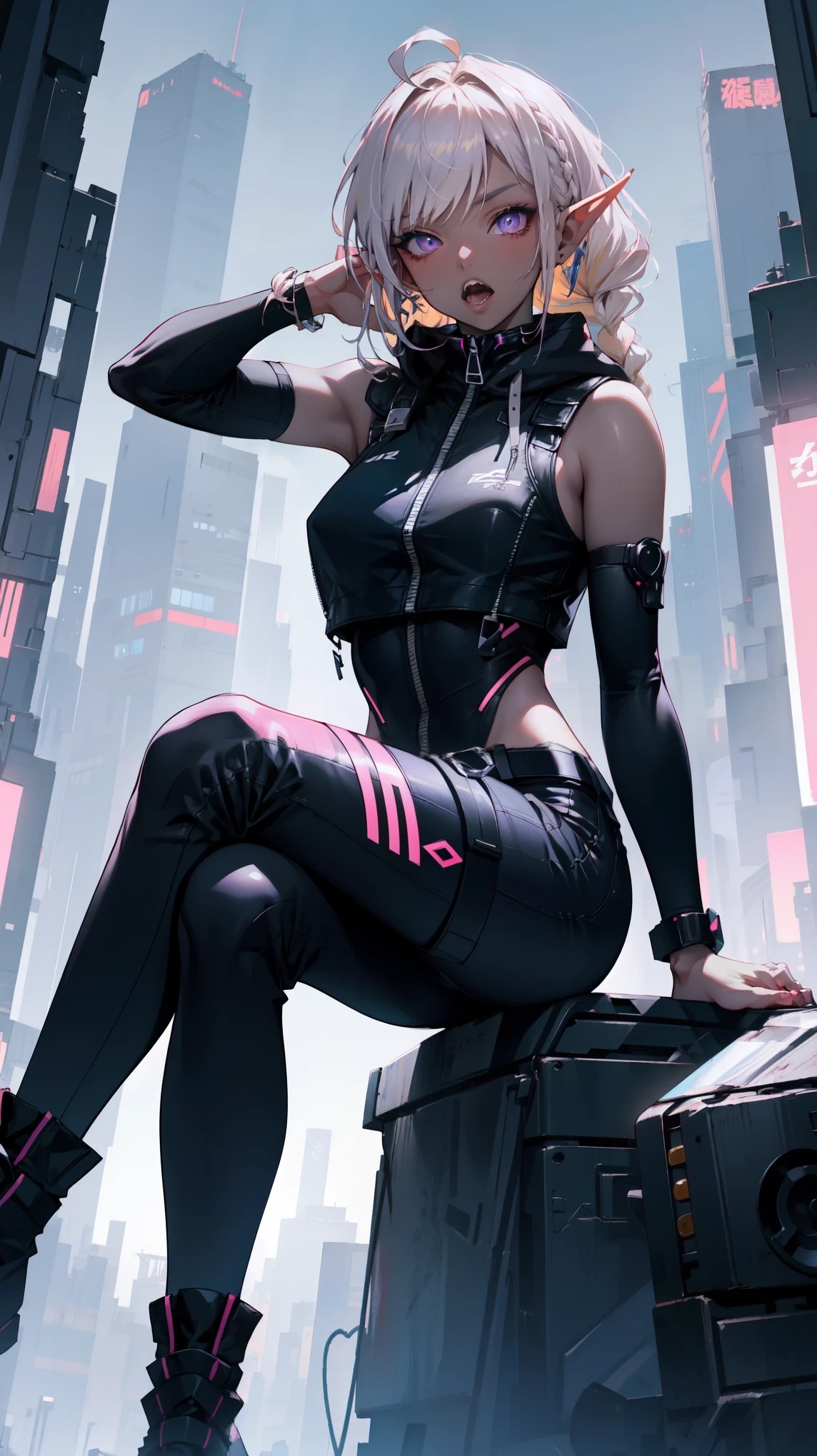 ((masterpiece)), (top quality), (best quality), ((ultra-detailed, 8k quality)), Aesthetics, Cinematic lighting, soft semi-backlit light, (detailed line art), absurdres, (best composition), (high-resolution),
BREAK,
Beautiful Rebellious Cyberpunk dark elf Female Image, wearing cyberpunk shirt with a armbands, cyberpunk techwear women, techwear occultist, stylish and edgy outfit, black pants, sleeveless hoodie, black tigh-high boots, zipper, (sitting, cross-legged), (atmospheric perspective), (top of building), (cyberpunk cityscape background, simple background), cinematic dramatic atmosphere, 
BREAK,
highly detailed of (dark elf), (1girl), solo, perfect face, details eye, ahoge, hair loop, blonde white shining hair, (braided bangs:1.3),  violet eyes, shining eyes, (beautiful detailed eyelashes, eyeshadow, pink eyeshadow), open mouth, tongue, teeth, sharp teeth, design art by Mikimoto Haruhiko, by Kawacy, By Yoshitaka Amano,
BREAK, 
((perfect anatomy)), perfect body, Abs, medium breast, perfect hands, perfect face, beautiful face, beautiful eyes, perfect eyes, (perfect fingers, deatailed fingers), correct anatomy, perfect legs, (dark skin:1.2)