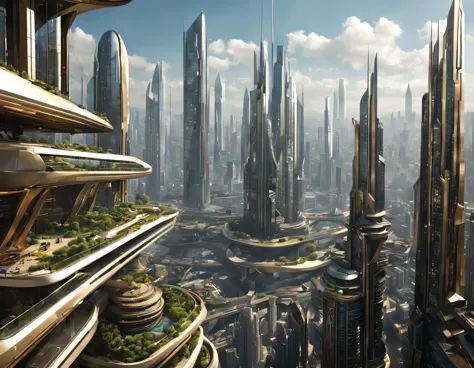 the city of megacity futuristic science fiction city as it would be in the year 3029, vista desde una terraza , with high-tech d...