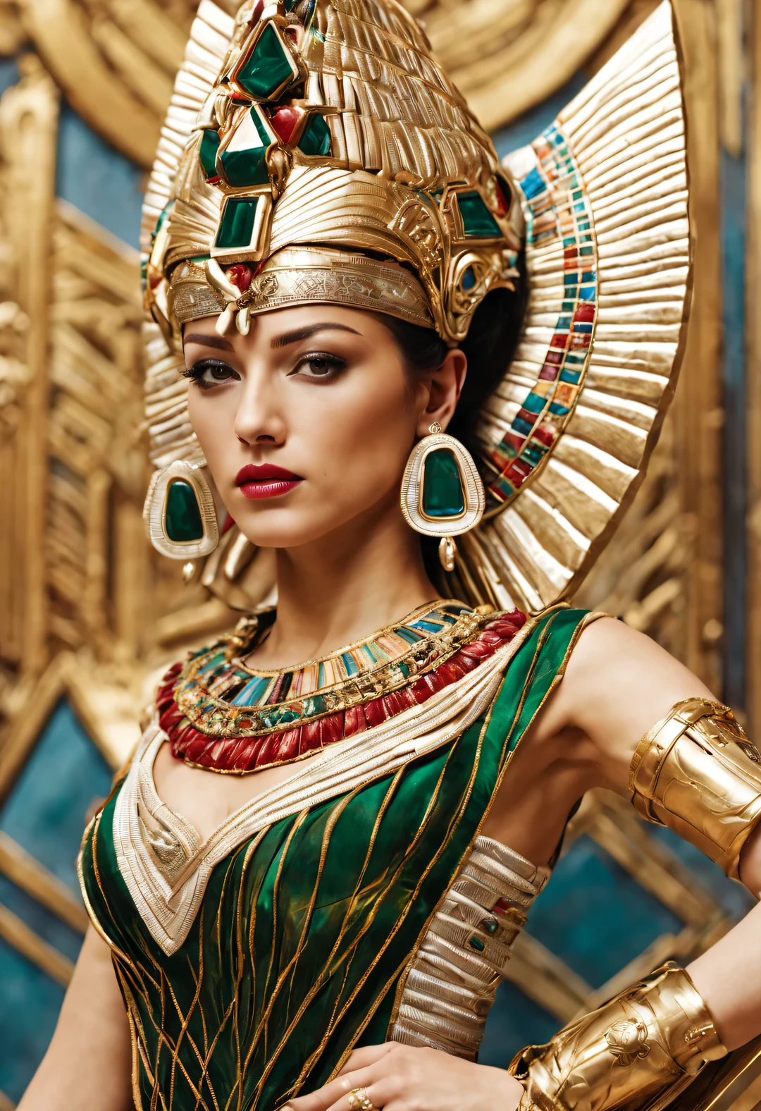 ultra high definition, masterpiece, Accurate, Super details, high detail, high quality, Award-winning, best quality, Level, 16k, background: simple gold,
(an art deco), egyptian style, (Close-up of high heels), white, Red, Dark Green, emerald blue,
There are beautiful pyramids here, the sphinx, and symbol of sun god,