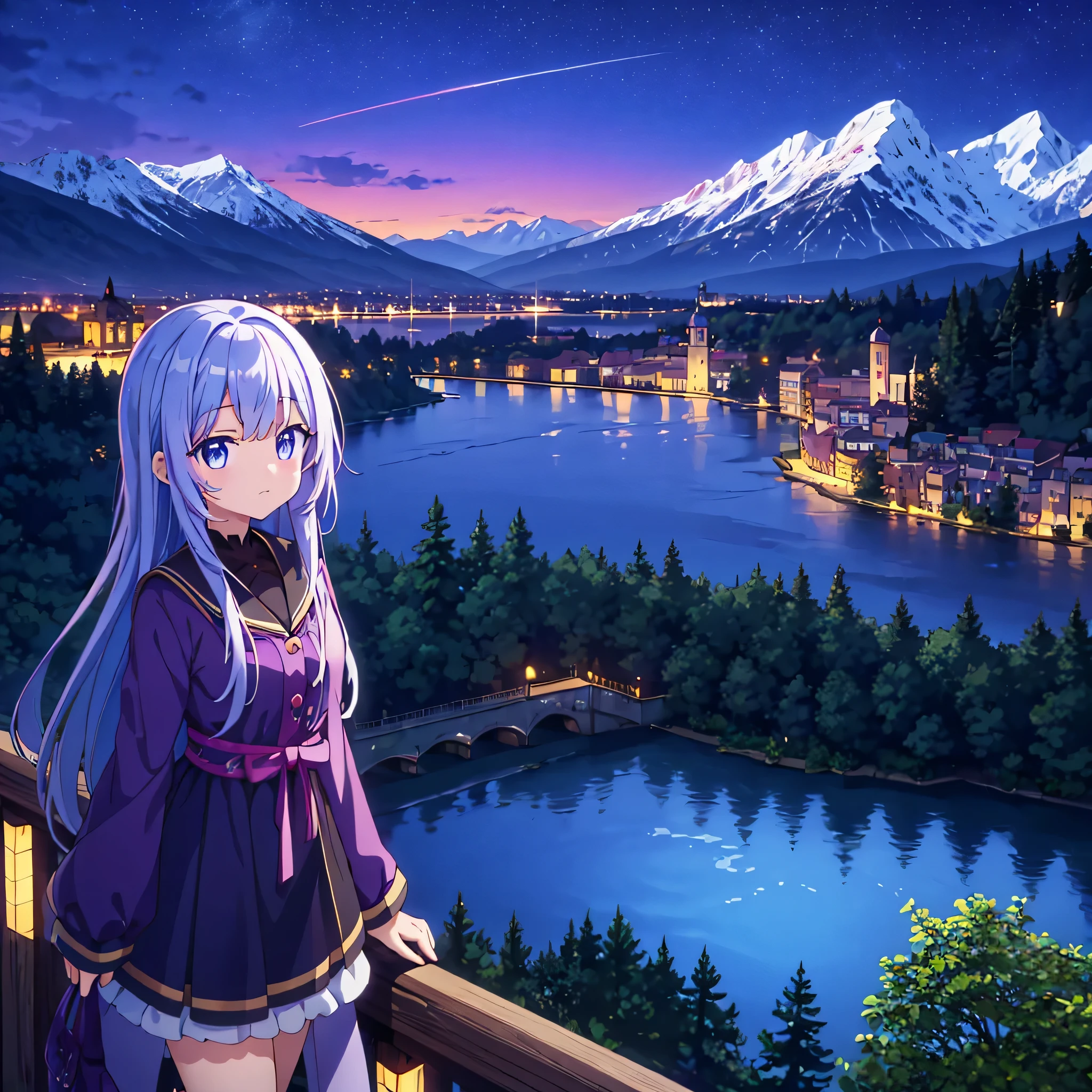 night, Mountain range in the background, the lake in front of the mountains,  An ancient city glows on the other side of the lake, with a cute anime girl in the foreground, purple long hair, girl looks at this city by the lake