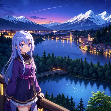 night, Mountain range in the background, the lake in front of the mountains,  An ancient city glows on the other side of the lak...