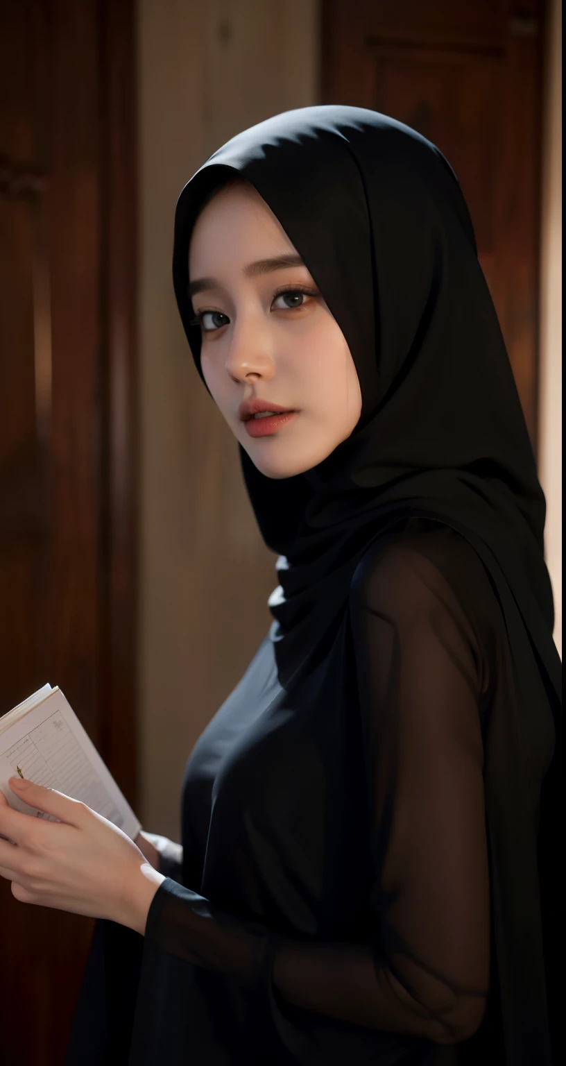 A woman in a black hijab is reading a book - SeaArt AI